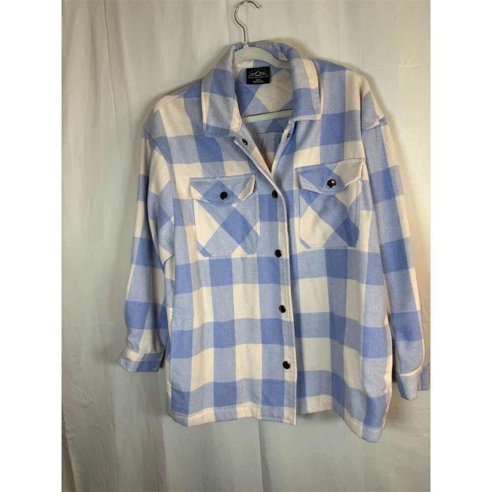 HFX Shacket Shirt Jacket Womens Size S Blue & Cream Plaid Snap Front Cozy - Picture 9 of 15